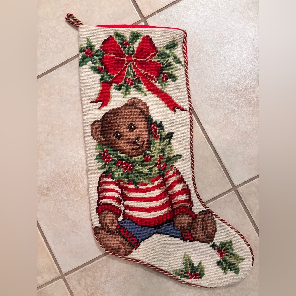 Vintage needlepoint Holiday Teddy Bear stocking